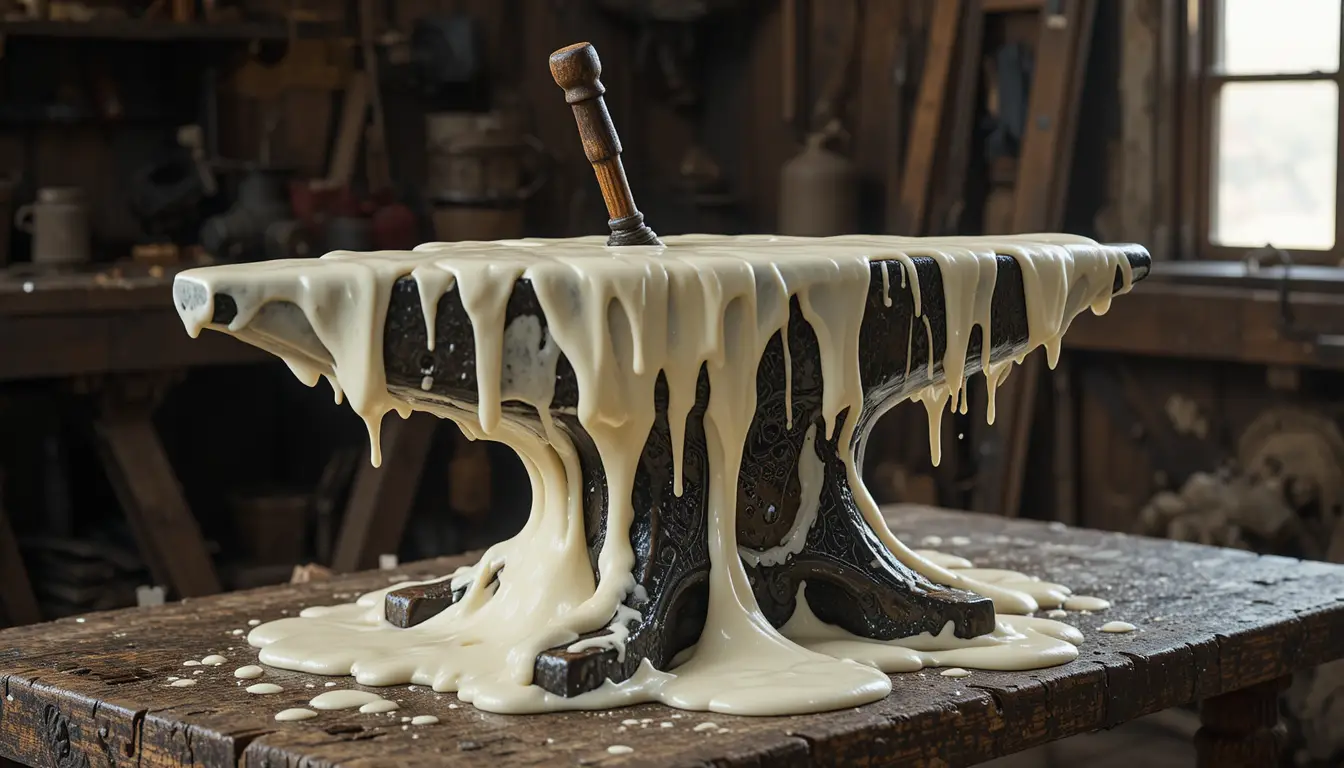 Melting Vanilla Ice Cream Anvil On Wooden Workbench