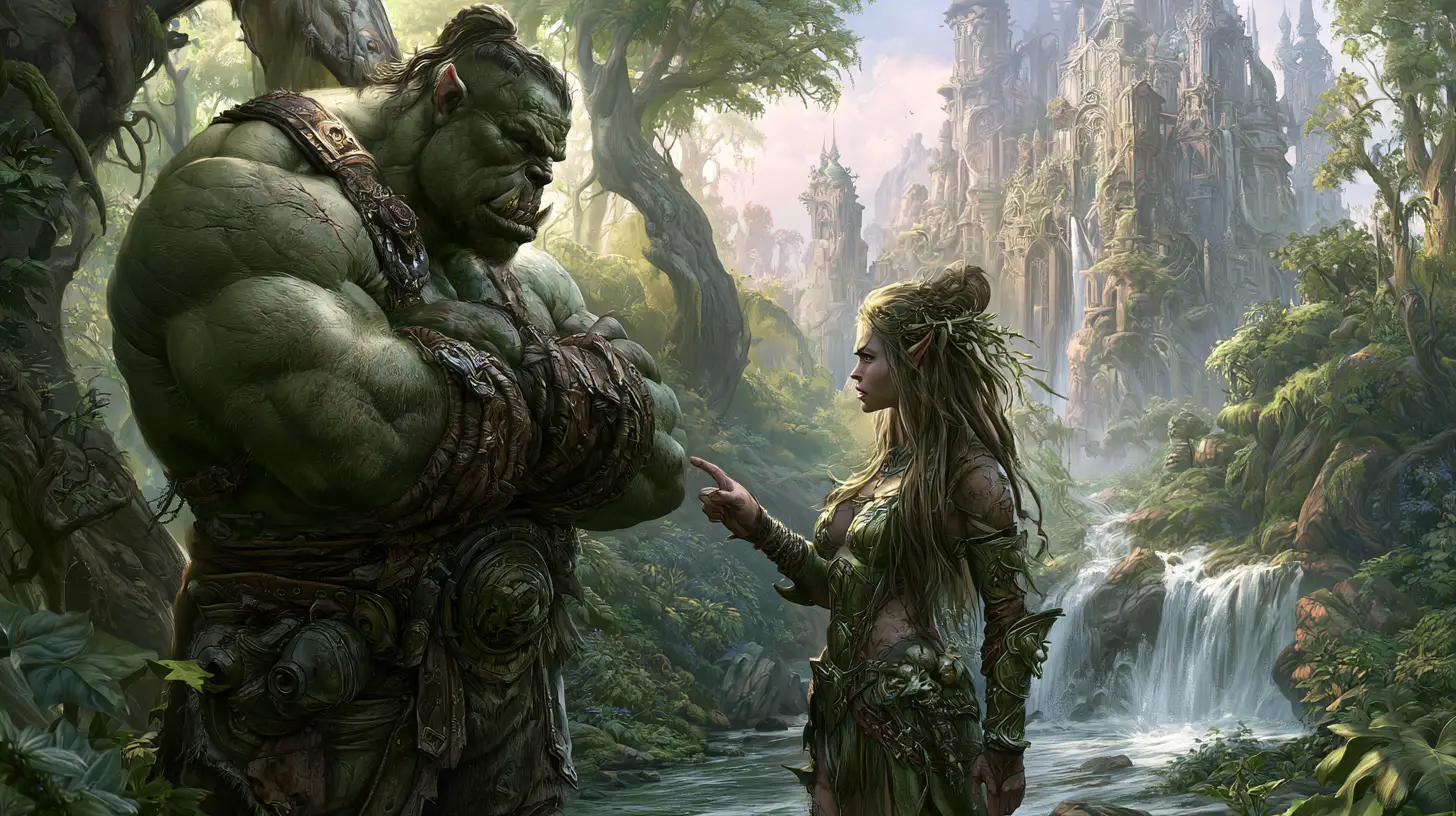 獸人戰士與精靈女王在魔法森林中的對峙