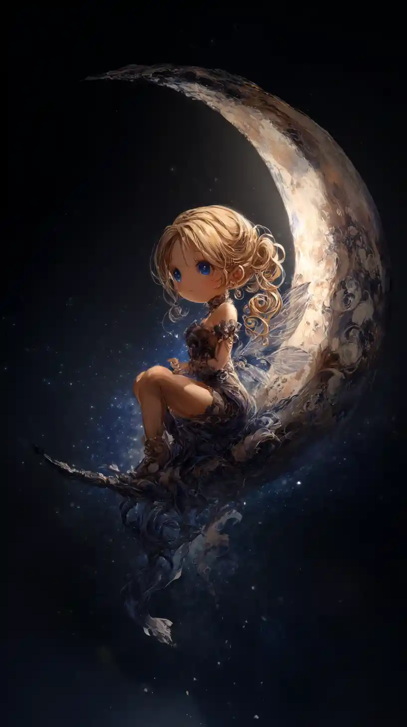 Chica hada chibi sentada en una luna creciente sobre la Tierra