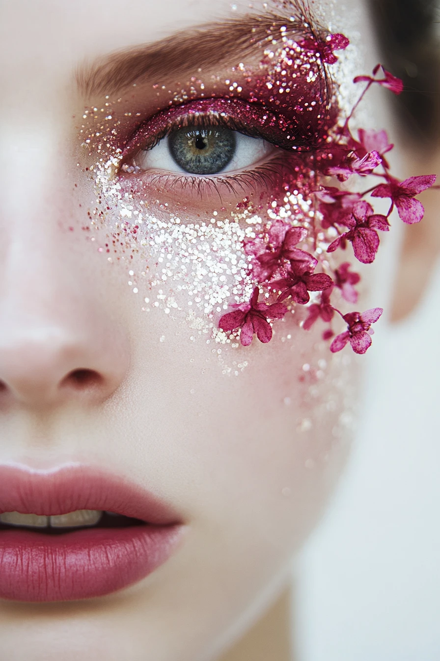 Nahaufnahme eines Fashion-Beauty-Porträts mit floraler Make-up-Inspiration