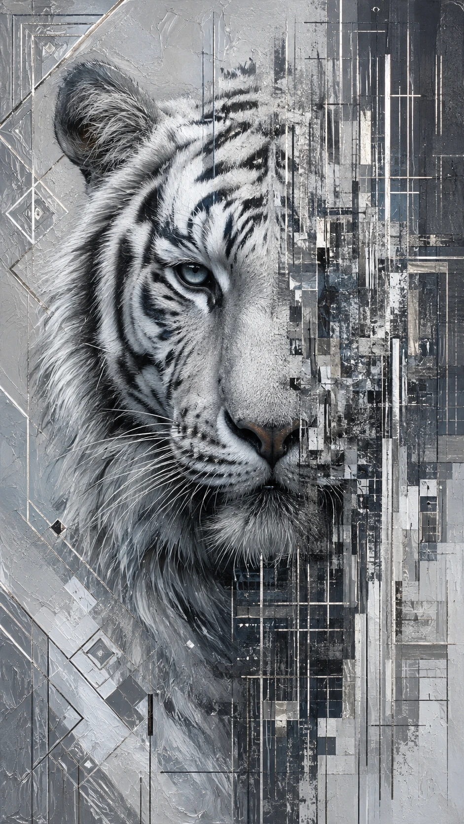 Portrait de tigre blanc se dissolvant en glitch et motifs géométriques