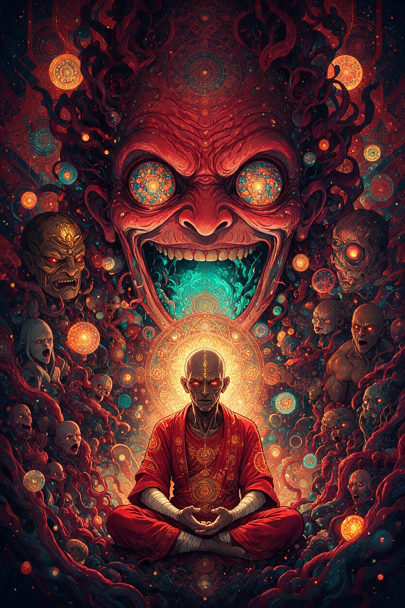 Sinister monk meditating before a glowing mandala halo