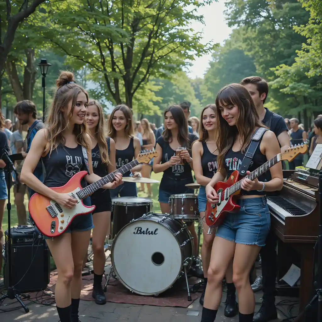 Female grunge band relaxing with drinks in a city park
