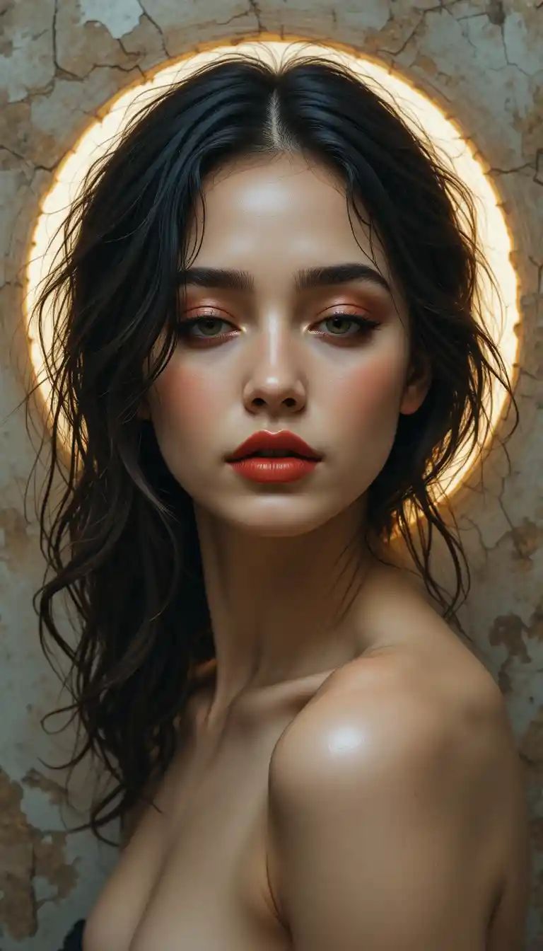 Serene close up portrait of a woman with red lips