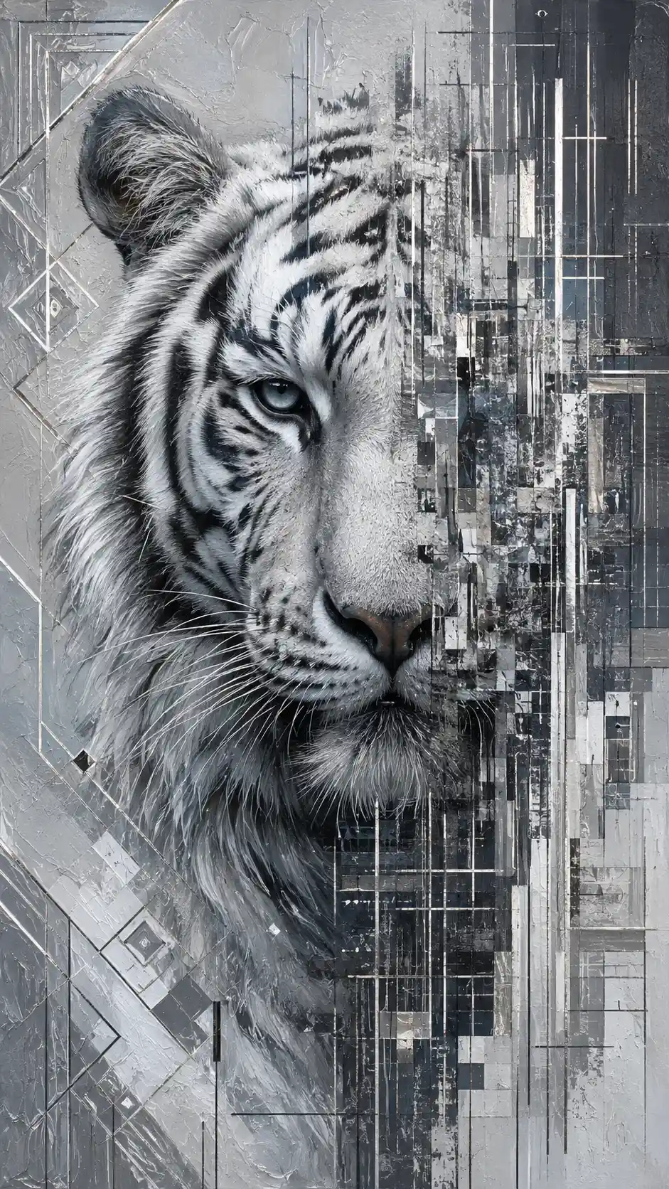 Portrait de tigre blanc se dissolvant en glitch et motifs géométriques