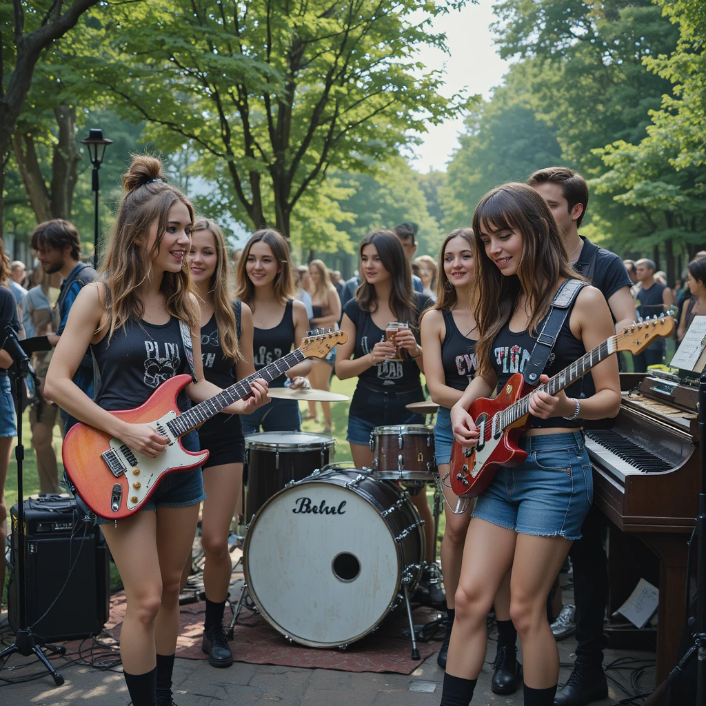 Female grunge band relaxing with drinks in a city park
