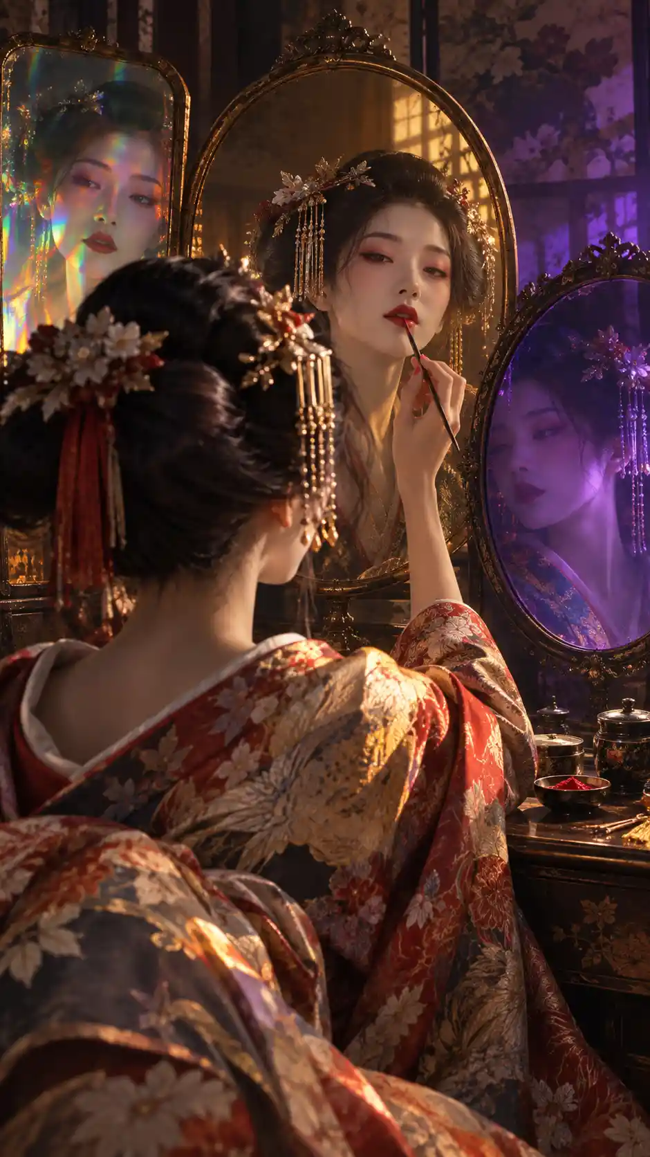 Geisha che si trucca davanti a specchi antichi in una luce drammatica