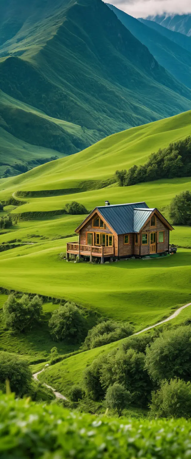 寧靜翠綠山谷中的小屋