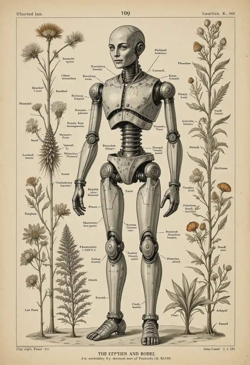 Robot umanoide disegnato come tavola botanica vintage