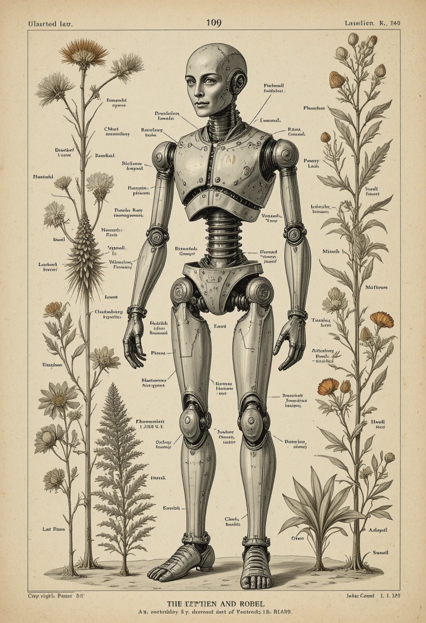 Humanoid robot drawn as a vintage botanical study plate