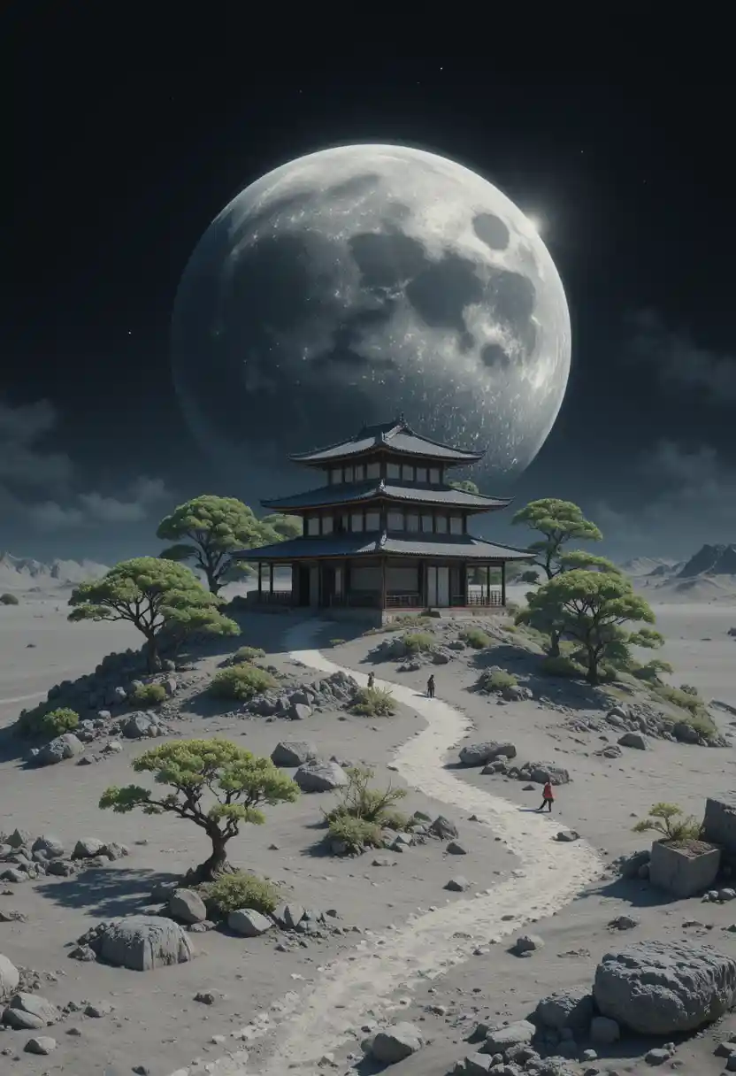 月球表面上的日式茶屋與升起的地球