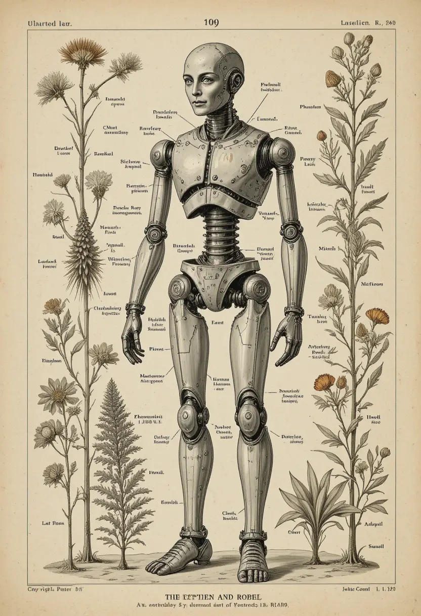 Humanoider Roboter als botanische Vintage-Studienplatte gezeichnet