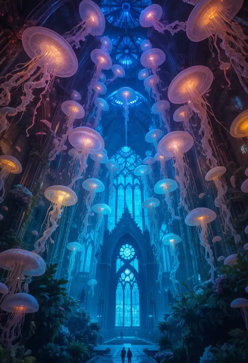 Gothic jellyfish cathedral glowing in an underwater realm