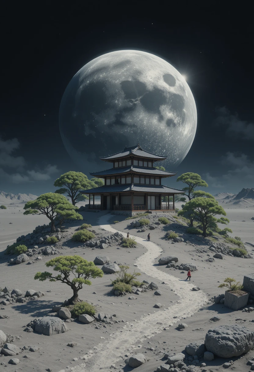 Maison de thé japonaise sur la surface lunaire avec la Terre qui se lève