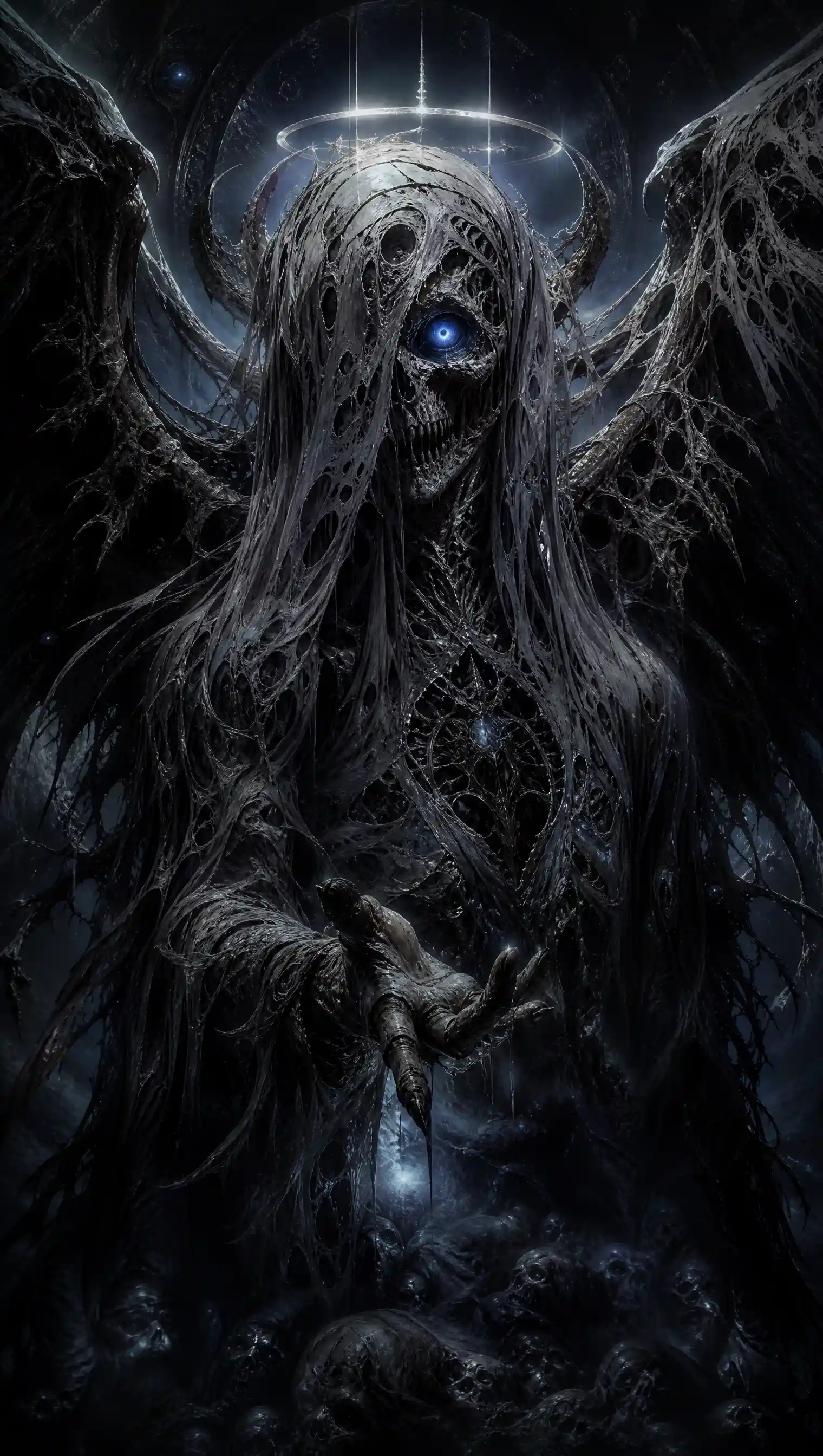 Nightmarish alien angel with a blazing blue eye