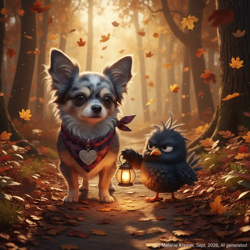 Cute chihuahua walking on an autumn forest path