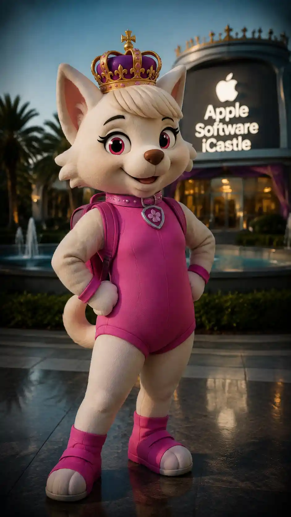 Dog mascot princess standing in a widescreen urban park scene
