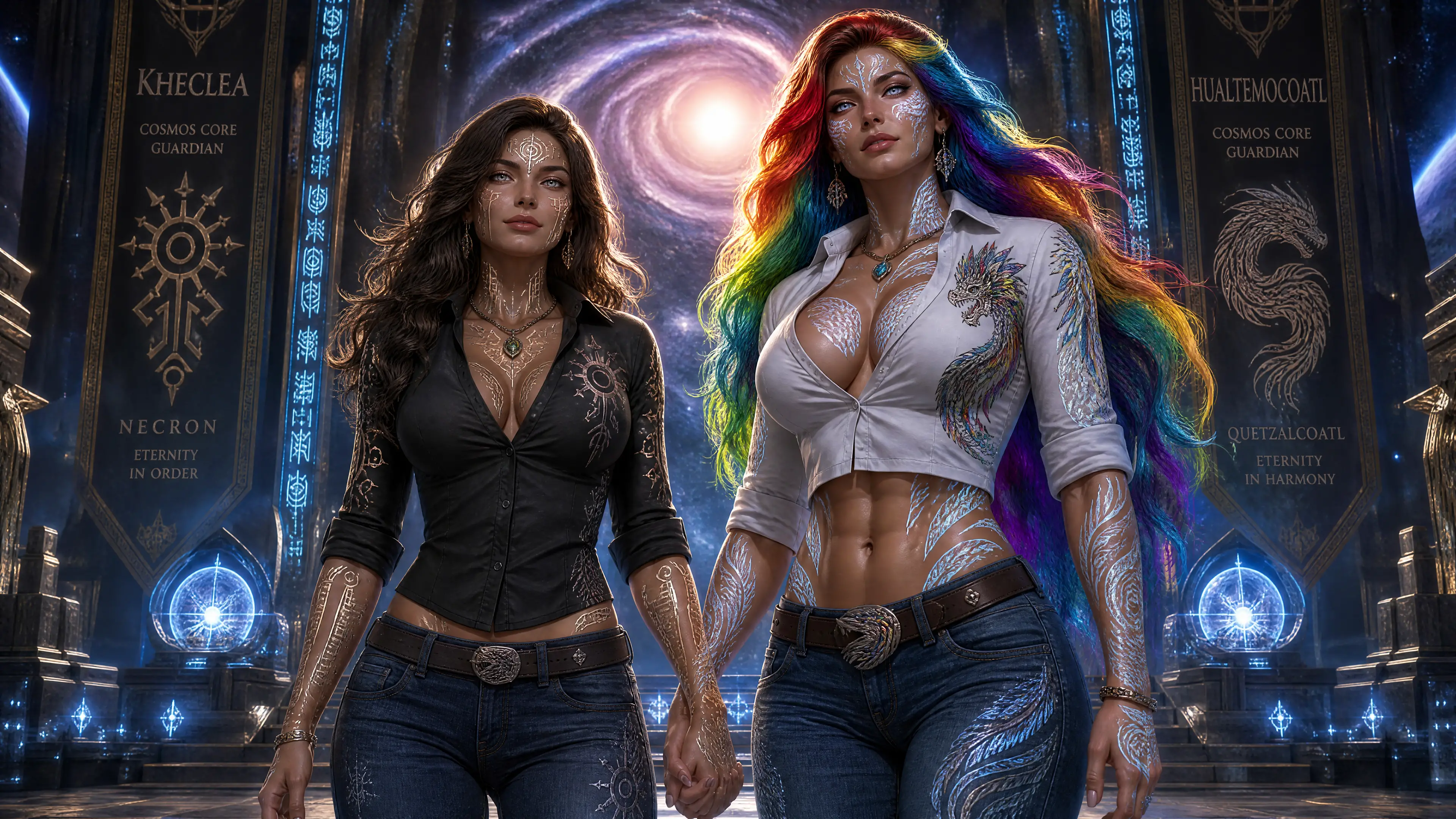 Cosmic guardian woman with silver eyes and mystic body marks