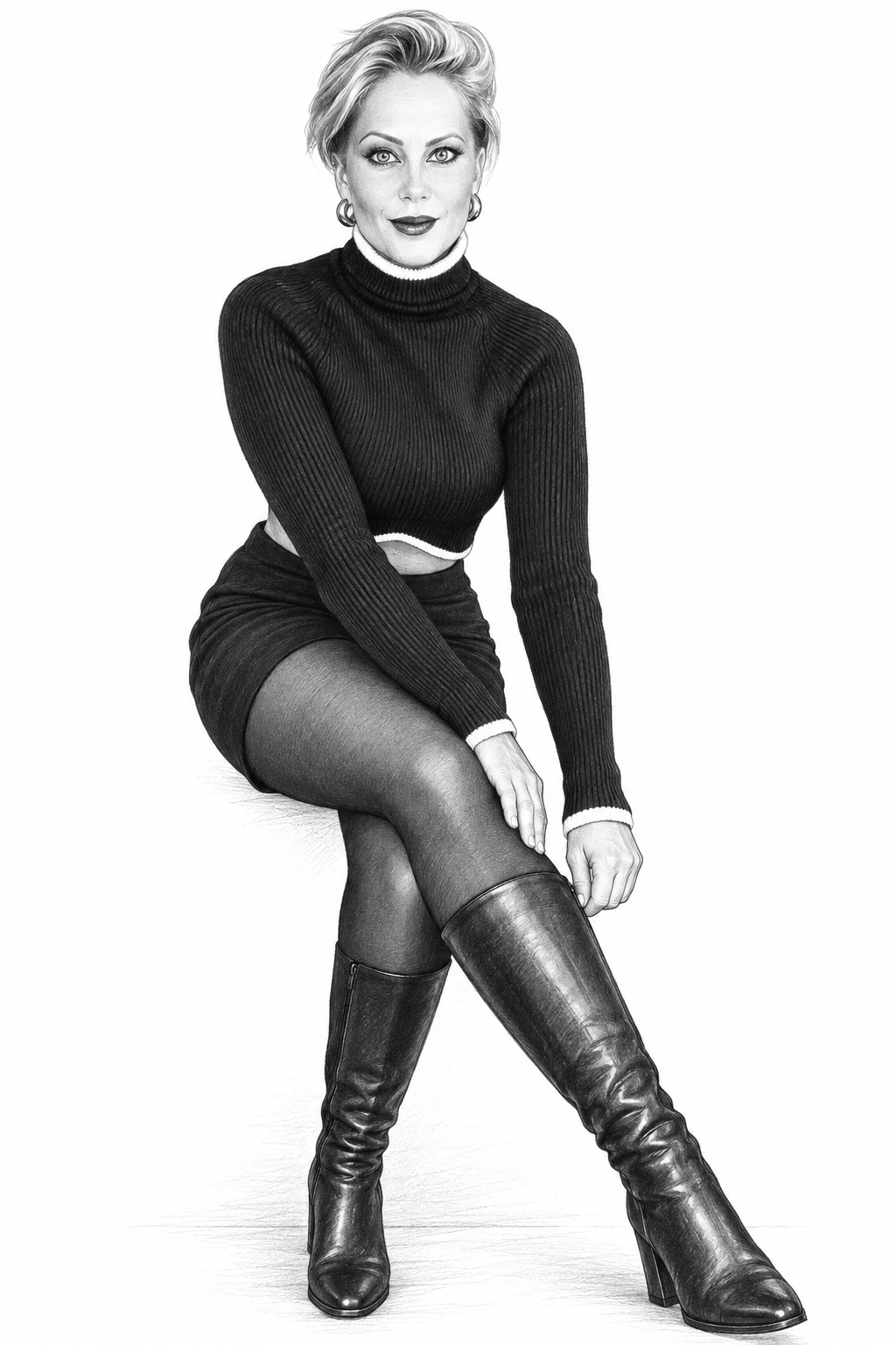 Stylish blonde woman adjusting pantyhose in modern interior