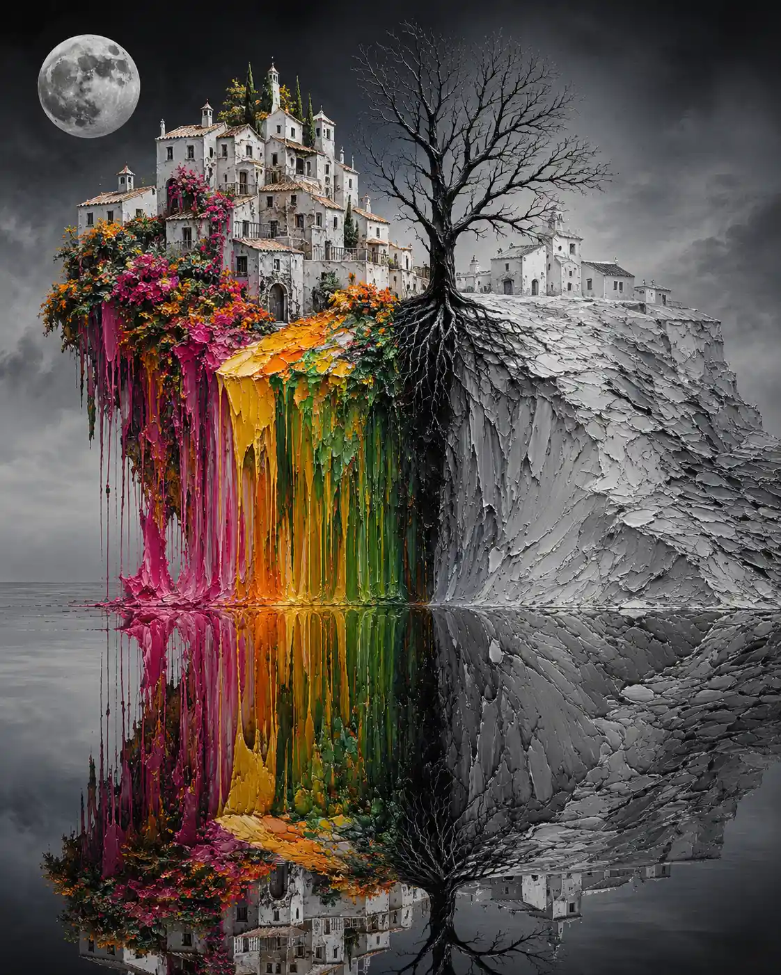 Surreal split coastal village under moonlit night sky
