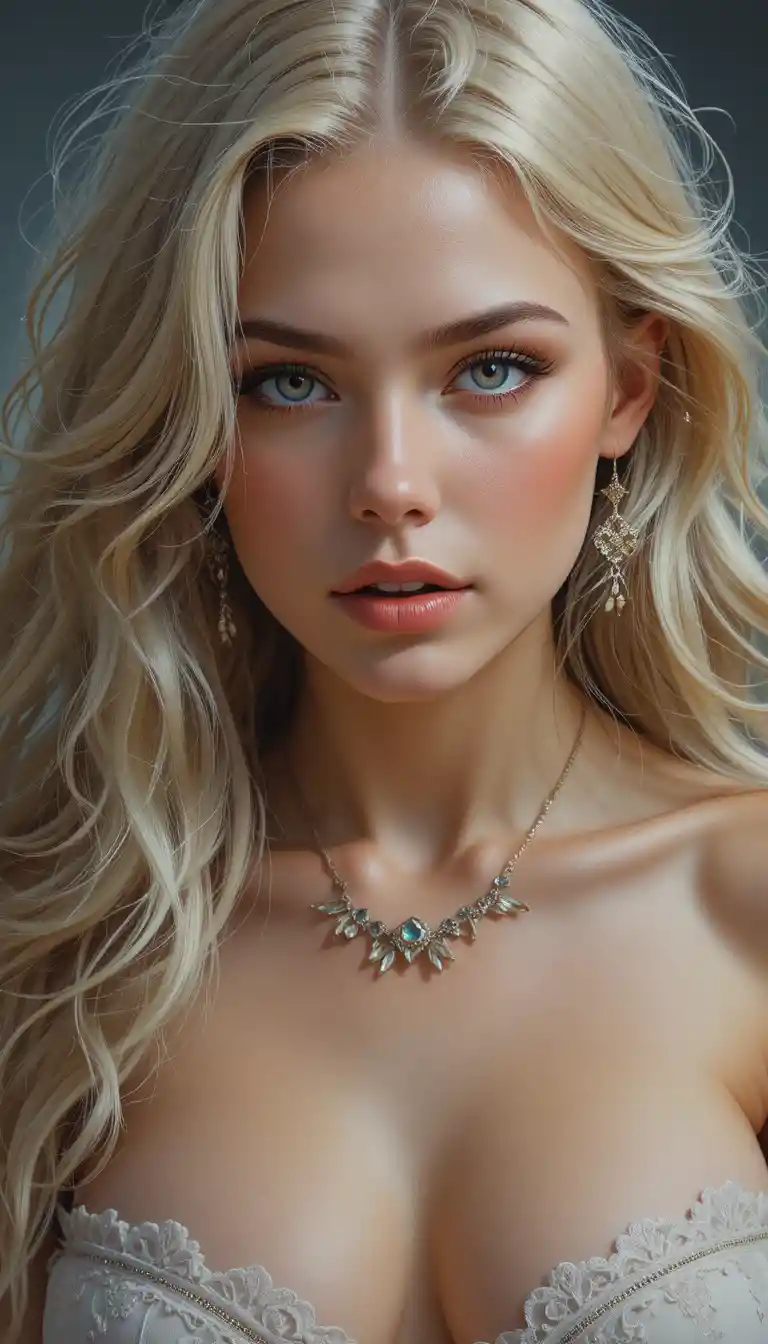 Powerful blonde girl in detailed photorealistic oil painting