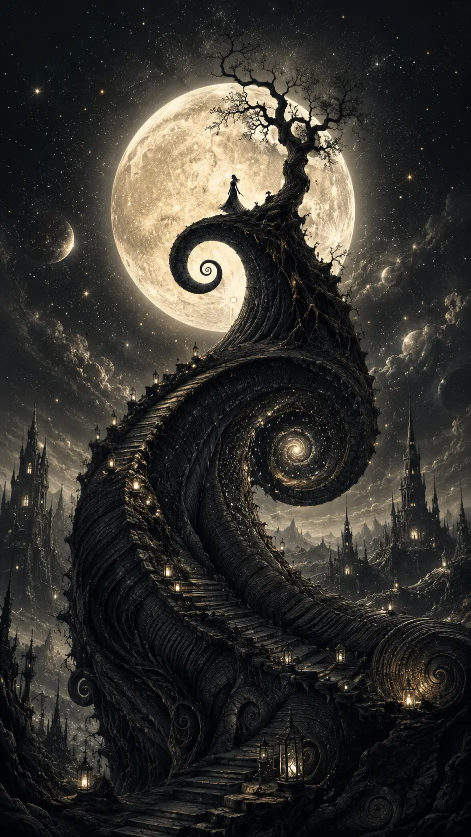 Woman on spiral summit beneath an enormous full moon