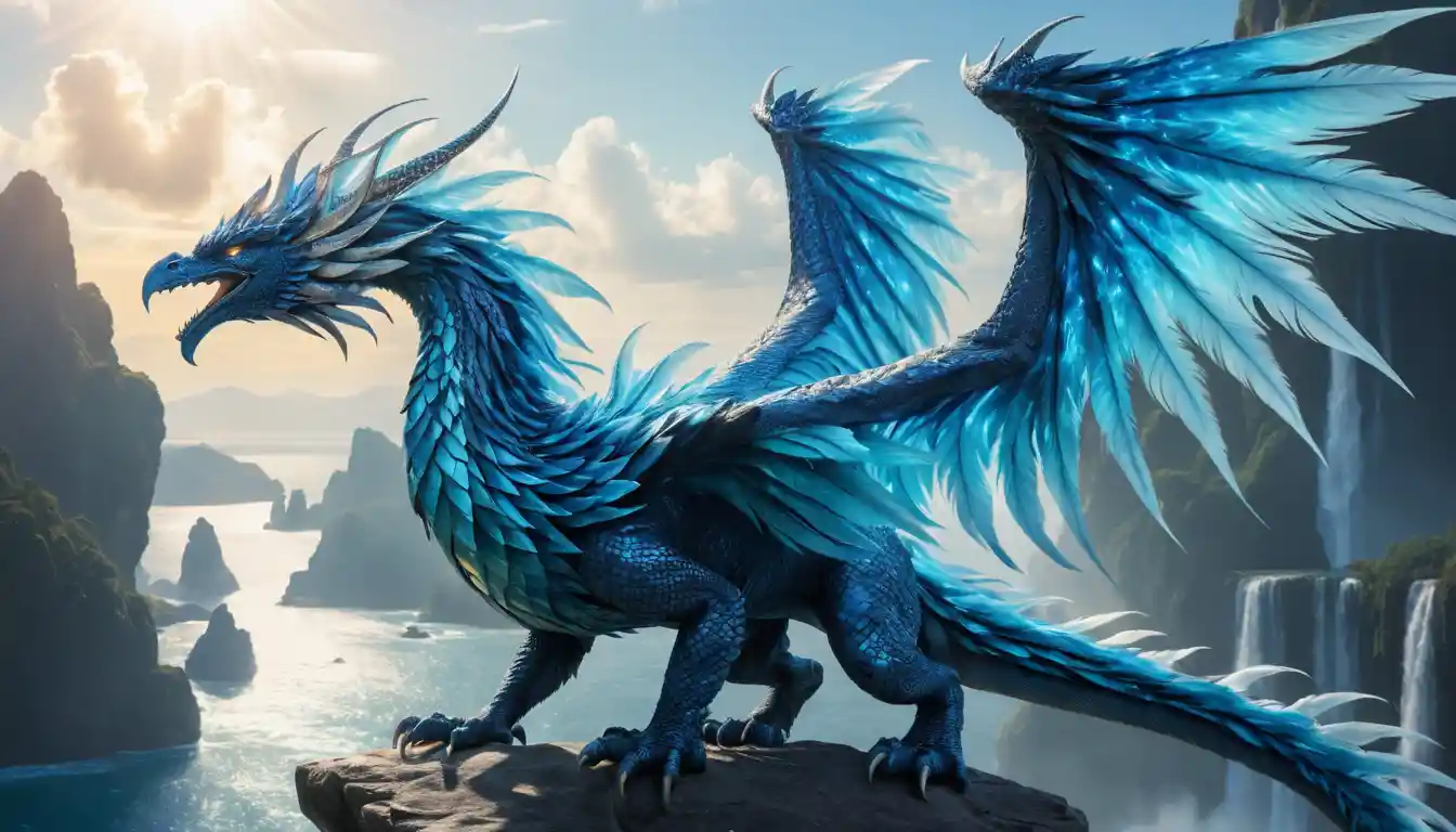 Turquoise dragon diving through luminous clouds above ocean