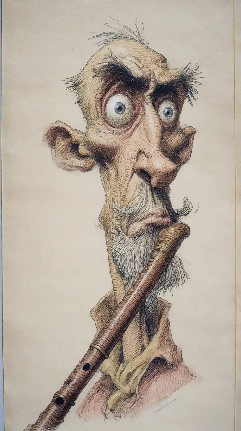Caricatura gótica de um velho flautista egípcio com olhos enormes