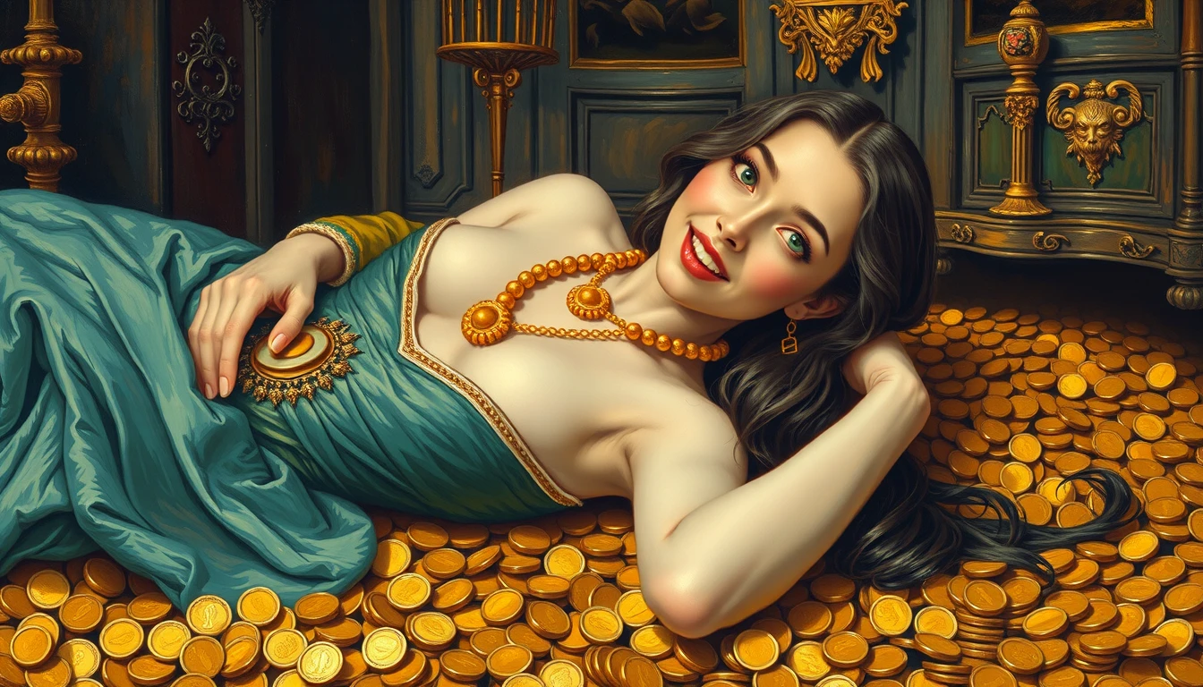 躺在黃金財寶上的性感黑髮女子