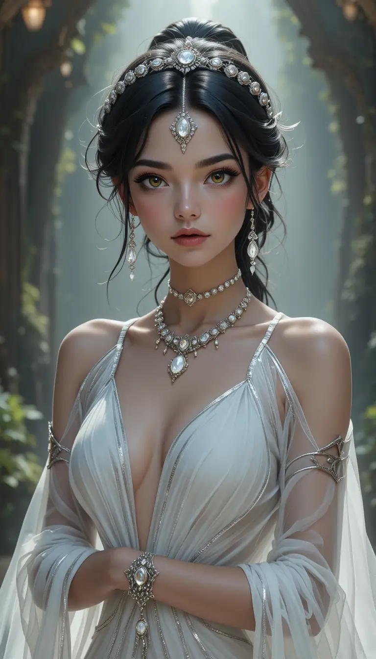佩戴銀色王冠與長袍的優雅動漫幽靈少女