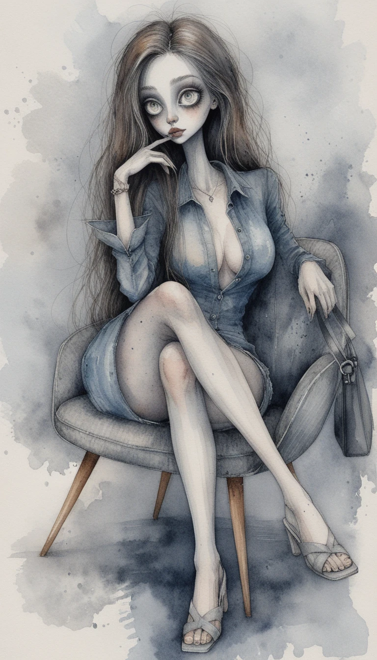 現代扶手椅中女子的情緒墨水插畫