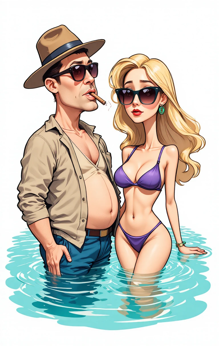 Vignetta satirica con uomo ricco e giovane donna civettuola