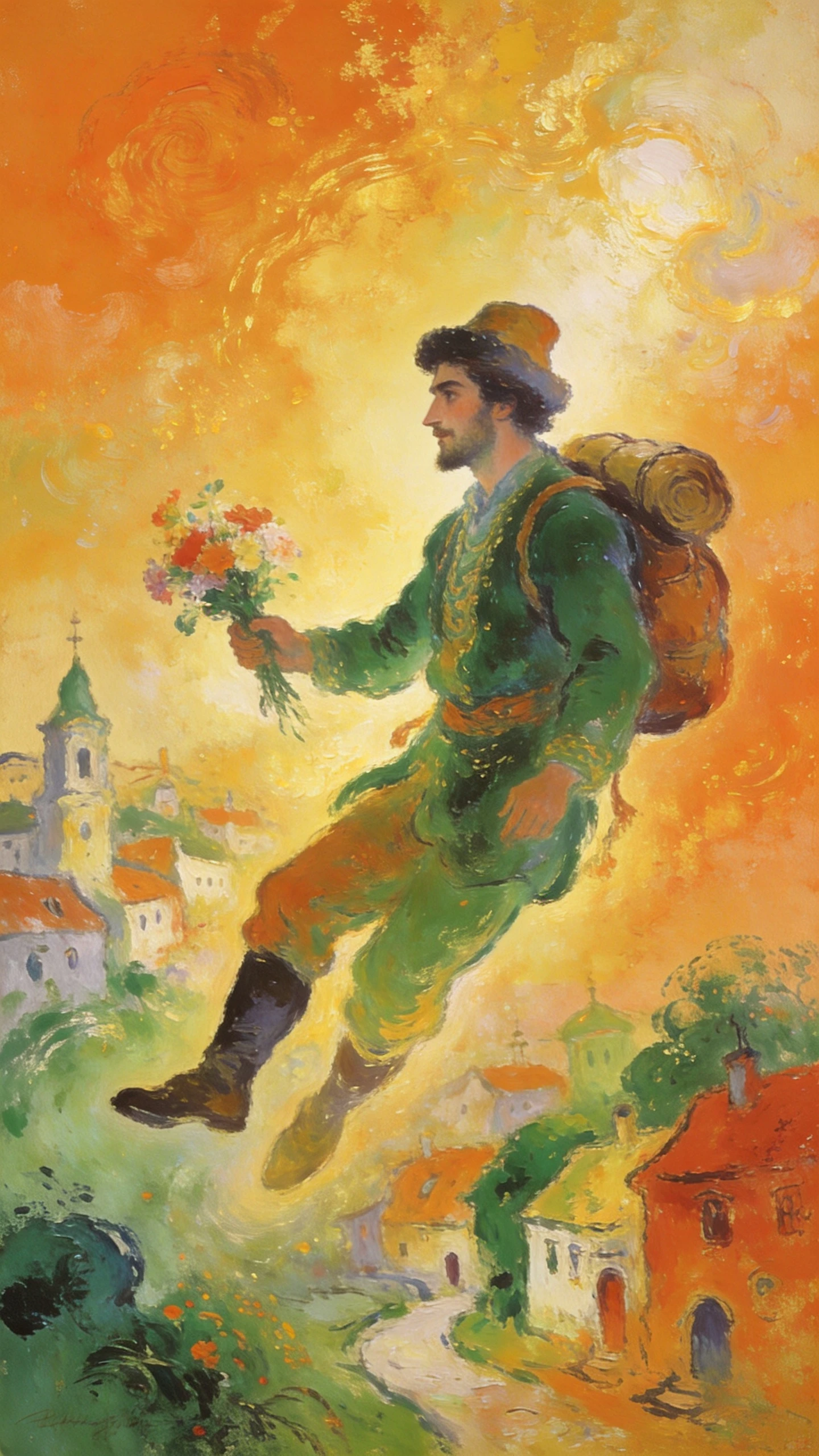 Handsome merchant traveler holding flowers in an oil painting