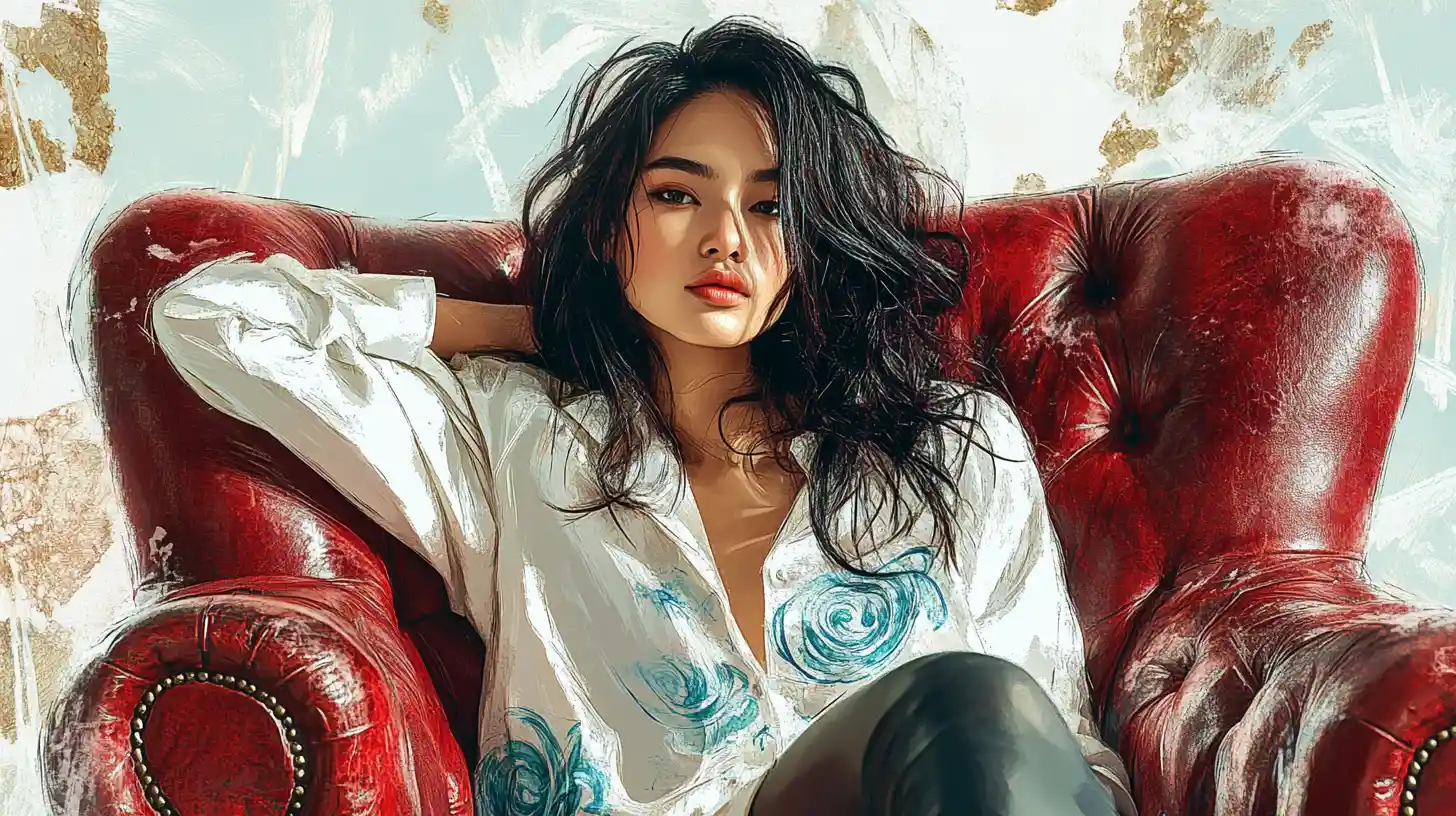 紅色皮革扶手椅上休息的泰國女子插畫