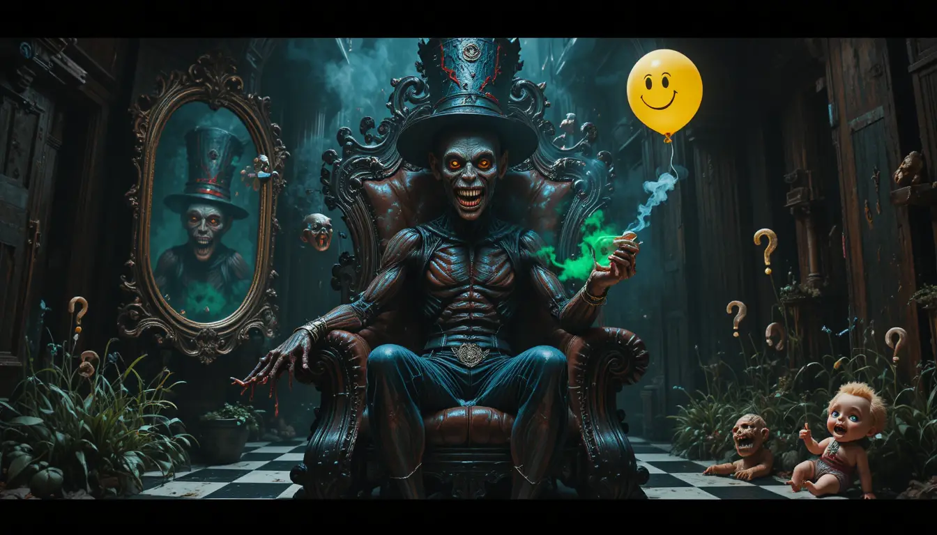Grotesque party monster on a throne in surreal interior