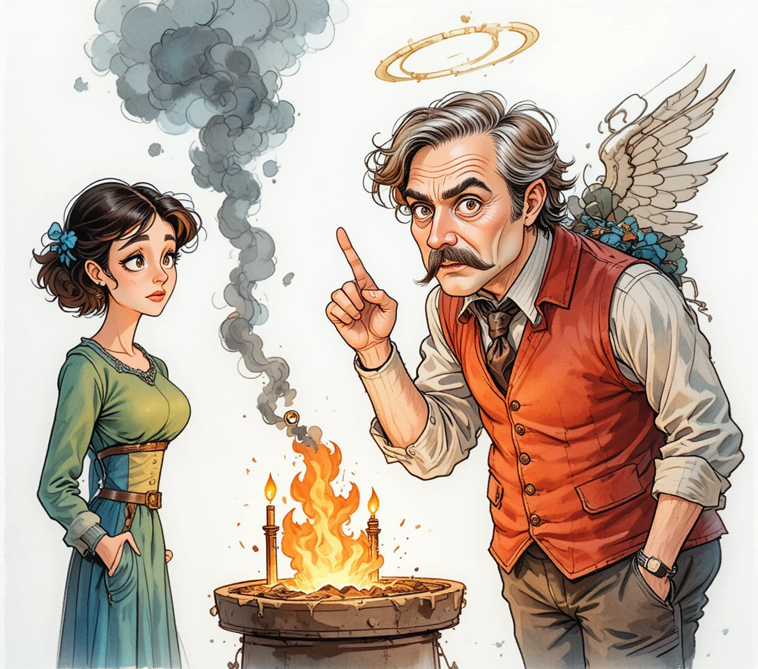 ろうそくに火をつける男性と懐疑的な女性のユーモラスな漫画