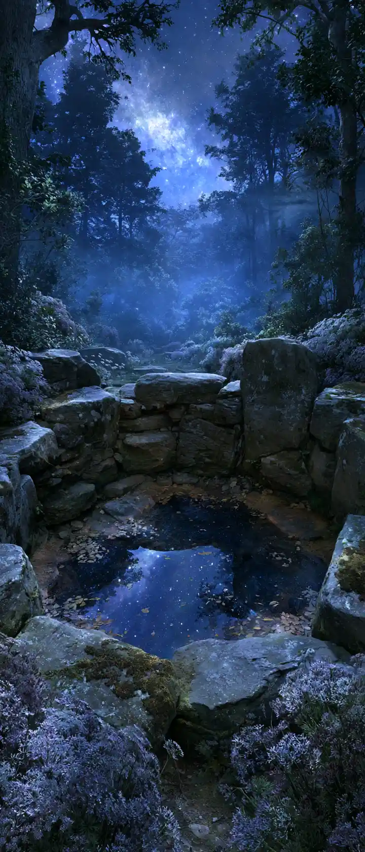 月光照耀的魔幻森林空地與鏡面般靜止水池