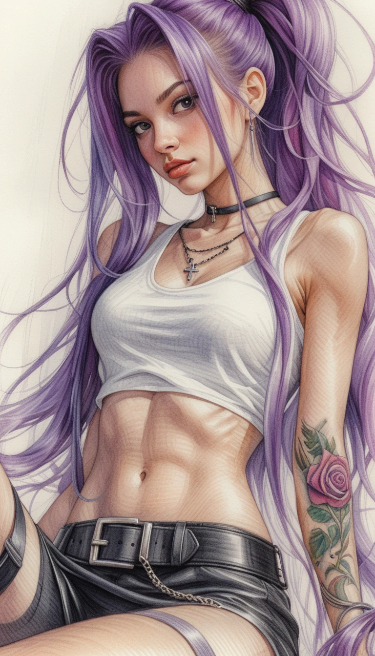 Confident purple haired girl in pencil illustration