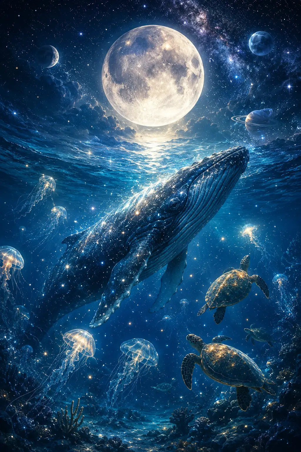 夢幻超級月亮天空與水下鯨魚場景交織