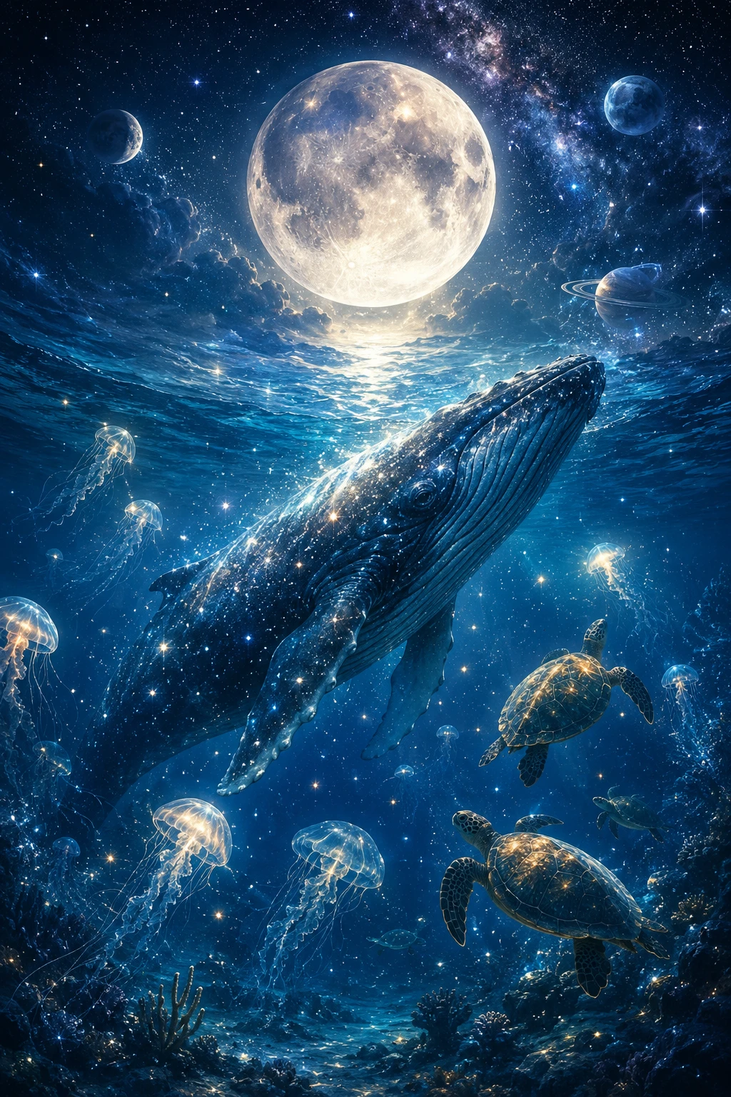 夢幻超級月亮天空與水下鯨魚場景交織