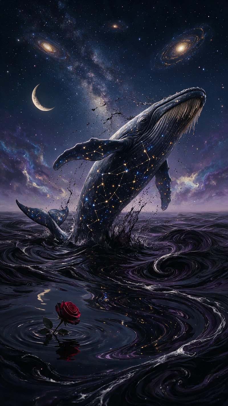 Bioluminescent whale breaching from an inky cosmic sea