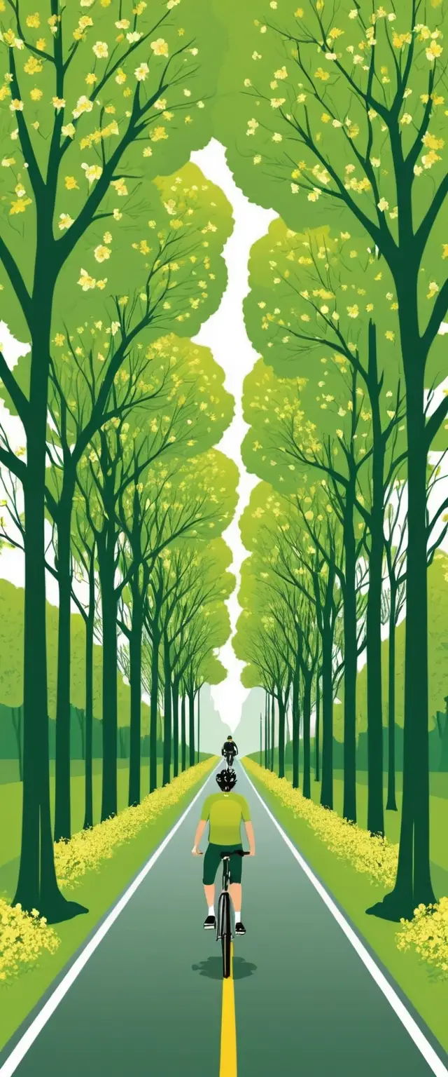 Ciclista en carretera verde de bosque en ilustración vectorial