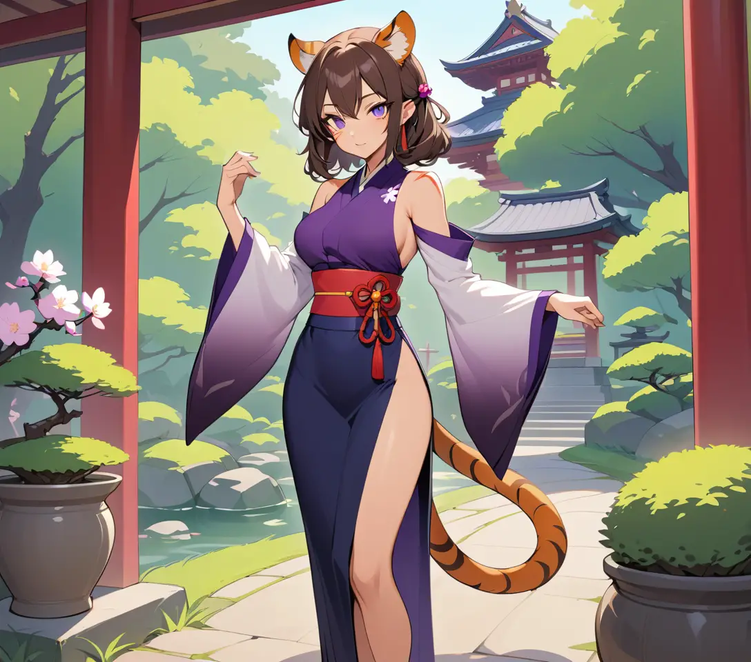 滿身傷痕的虎耳女子於寧靜日式庭園中
