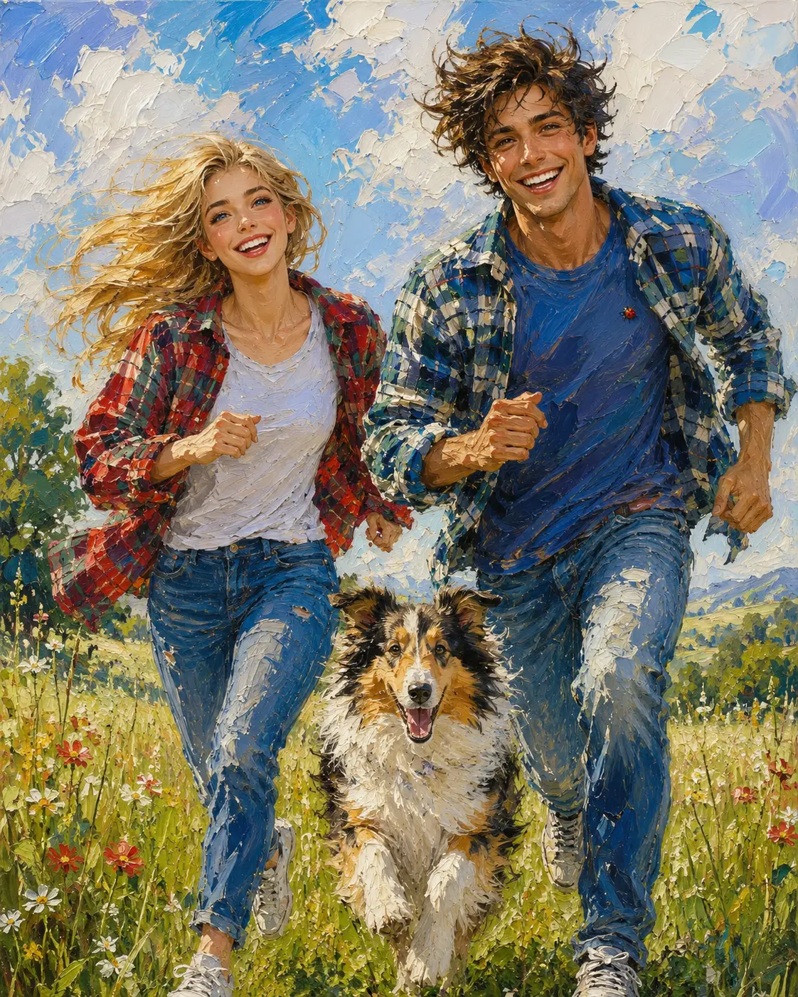 微笑情侶與他們的牧羊犬奔跑在草地上