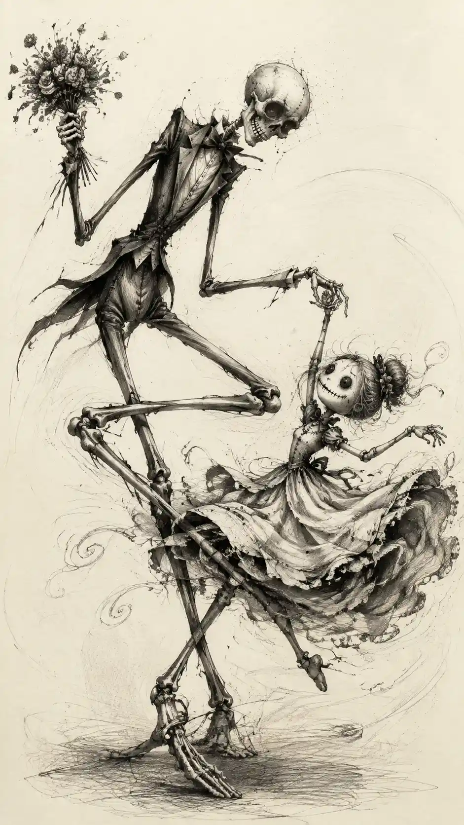 Tall skeleton dancing with tiny doll in swirling gothic scene