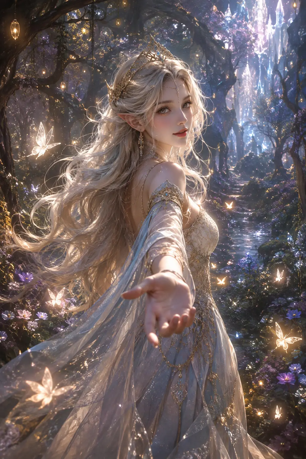 Princesa élfica extendiendo la mano en un bosque encantado resplandeciente