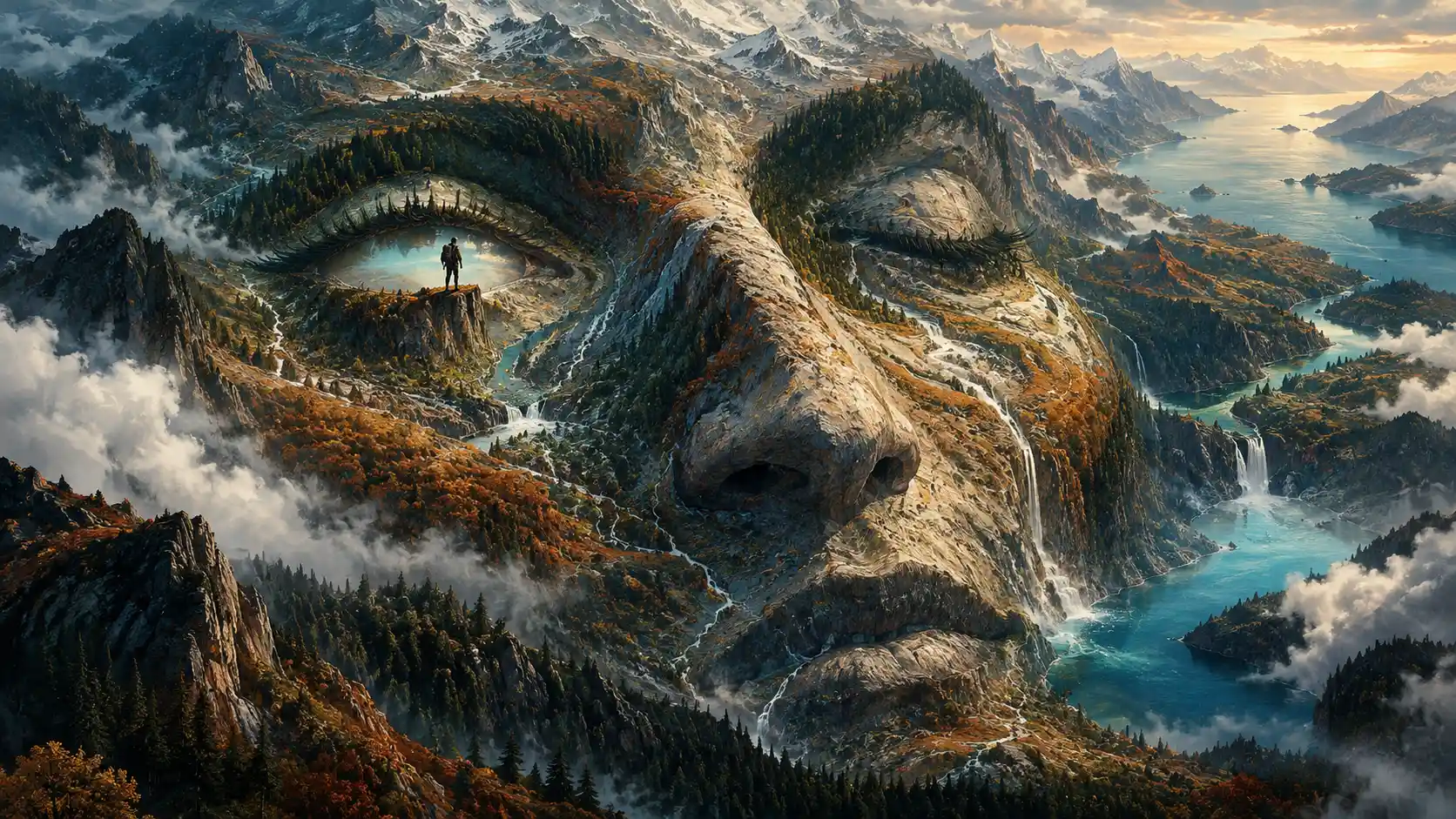 Surreale Landschaft, die aus der Ferne ein verborgenes menschliches Gesicht enthüllt