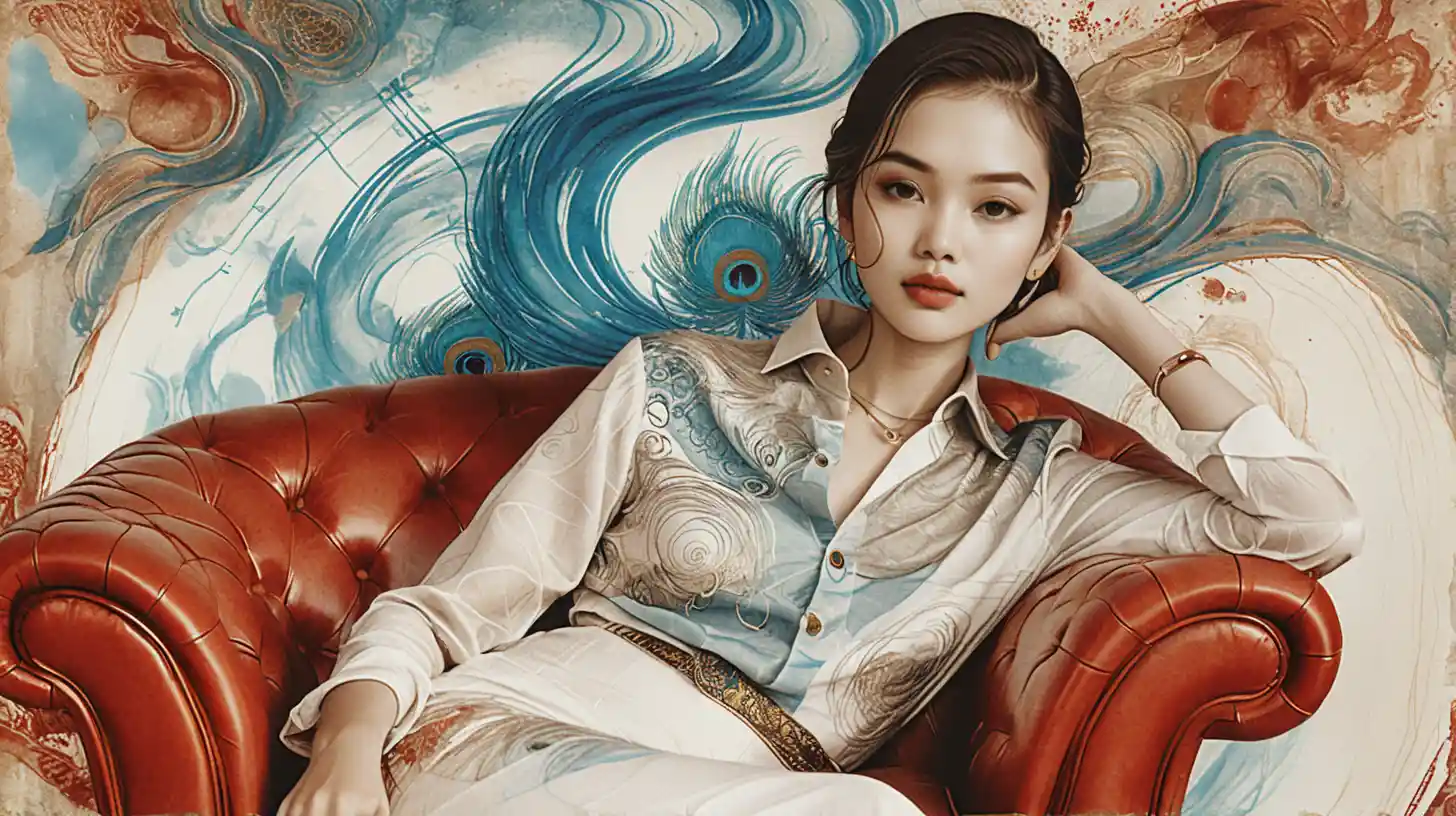 紅色扶手椅中蜷縮的泰國女子與墨色旋渦
