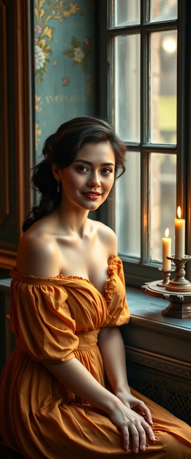 Elegante Frau im gelben Kleid am Vintage-Fenster