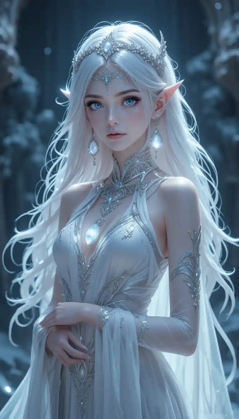 Elegant ghostly anime girl with silver crown and flowing gown